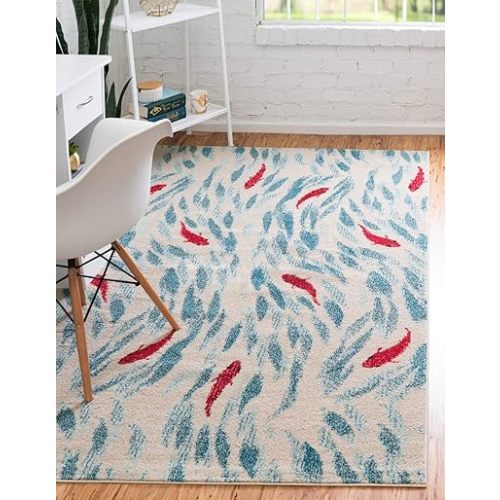 Unique Loom Positano Collection Coastal Modern Bright Colors Fish Beige Area Rug (5' x 8')