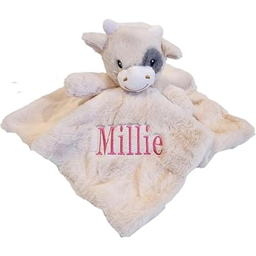 SONA G Designs Personalized Plush Cow Baby Lovey Lovie Security Blanket- Cream Color