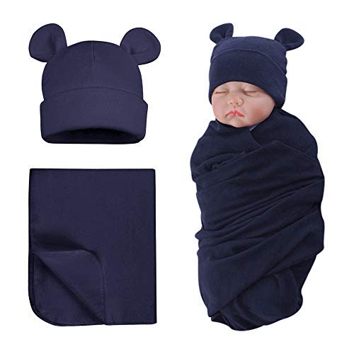 PESAAT Cotton Baby Swaddle Hat Set Newborn Infant Hats Receiving Blankets for Baby Boys Girls