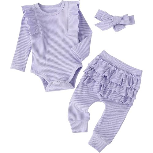 Fullfamous Baby Girl's 3pc Rib Frill Long Sleeve Romper and Pant Set - 12-18 Months - Lavender