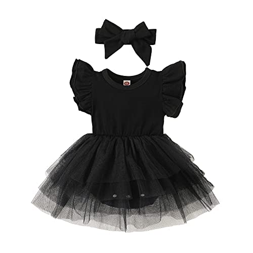 Baby Girl Clothes Infant Ruffle Sleeve Romper Dress Newborn Solid Tutu Skirt Sets Jumpsuit Headband Outfit