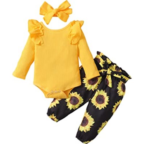 veikimous Newborn Baby Girl Clothes Infant Girls Outfits Ruffle Sleeve Romper Bodysuit Floral Pants Toddler Baby Girl Outfits