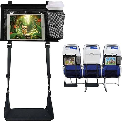 Airplane Foot Hammock with Tray Table Pocket Organizer, Travel Essentials for Flying, Length Adjustable Airplane Foot Rest Under Desk, International Plane Travel Essentials, Long Flight Must Haves