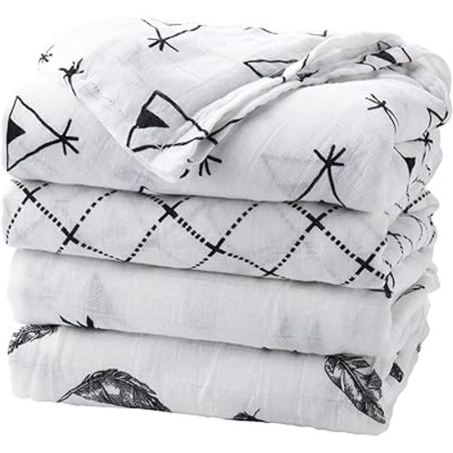 upsimples Baby Swaddle Blanket Unisex Swaddles Wrap Soft Silky Muslin Neutral Receiving Blankets for Boys and Girls, Large 47 x 47 inches, Set of 4 - Arrow/Feather/Tent/Crisscross