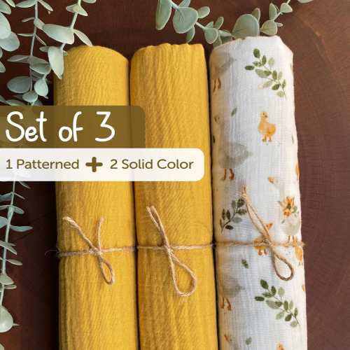 3-PACK Organic Swaddles : Muslin Cotton Baby Receiving Swaddle Set (1 Patterned + 2 Solid Colors)