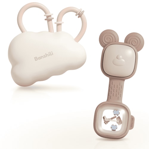 Banshili Teether Toys, 2 Piece Teething Toy Set for 0-6 Months 6-12 Months,Baby Teether Toys - Baby Boy and Baby Girl Teether Chewing Toy Set, Bear and Cloud Teether Toy Gift,Brown and White