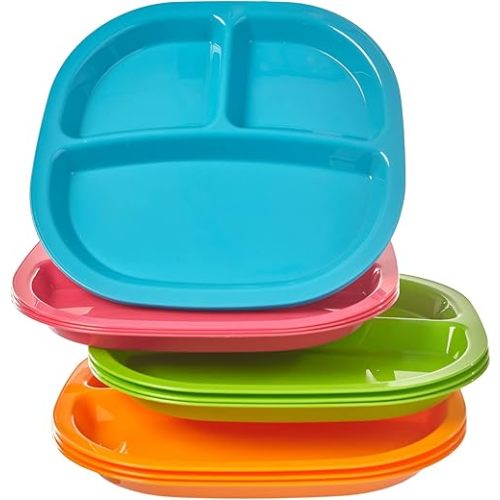 US Acrylic Harmony 3-compartment Divided Plastic Kids Tray in 4 Calypso Colors | set of 12 Reusable, BPA-free Plates, Made in the USA, Microwave & Dishwasher Safe Dinnerware