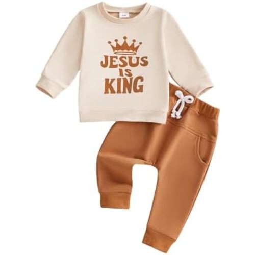 Toddler Baby Boy Spring Outfit Jesus Is King Print Long Sleeve Sweatshirt Pullover Top Jogger Pants Set 2Pcs Clothes