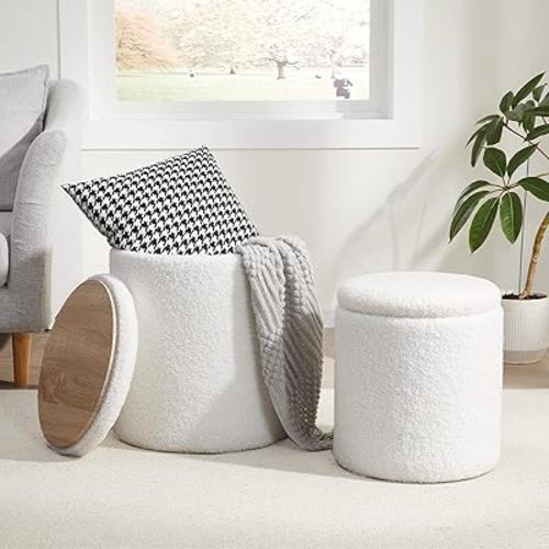 Boucle Round Ottoman with Storage Set of 2,Small Foot Stool Ottoman for Living Room, Ottoman Coffee Table,Vanity Stool with Storage for Bedroom, White