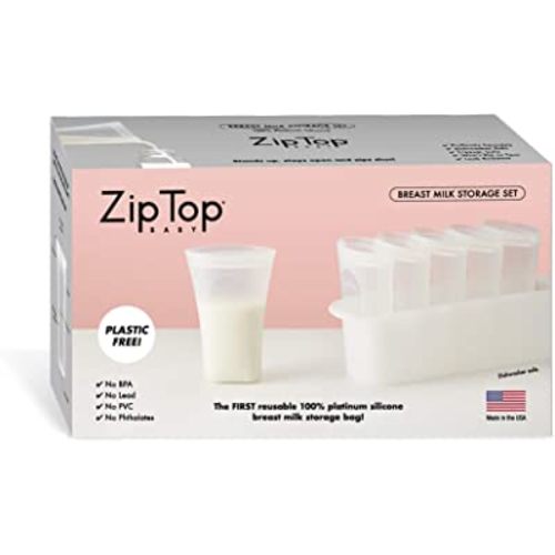 Zip Top Reusable 100% Platinum Silicone Breast Milk Storage, Made in The USA - Bag Set of 6 + Freezer Tray