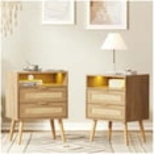 Vabches Rattan Nightstand Set of 2 with USB and 2 Drawers for Bedroom, Living Room