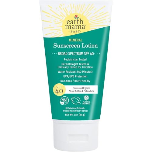 Earth Mama Baby Mineral Sunscreen Lotion SPF 40 | Reef Safe, Non-Nano Zinc, Natural Water Resistant Sun Cream for Babies, Kids & Adults, 3-Ounce