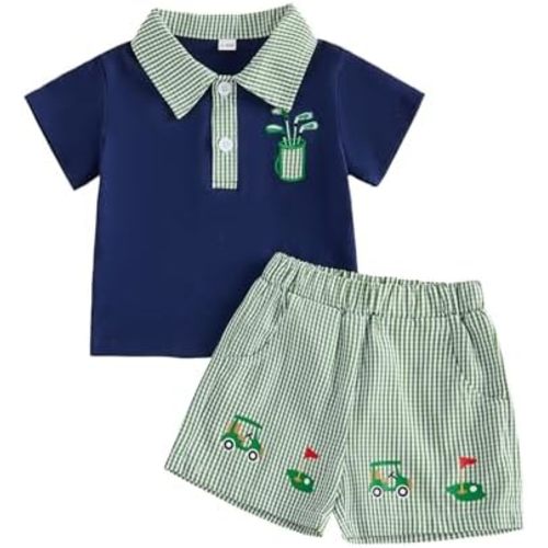 Eadrioss Toddler Baby Boy Golf Outfit Short Sleeve Embroidery Polo T Shirt Top With Plaid Shorts 2Pcs Summer Clothes