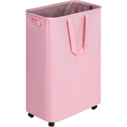 Laundry Basket, Slim Laundry Basket with Wheels, Rolling Laundry Basket for Clothes, Small Laundry Basket for Bedroom, Dorm and Laundry Room, 75L (19.8 Gallons) Pink, MLHW7567
