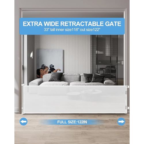 Retractable Baby Gate,Mesh Baby Extra Wide Gate,Extra Long Dog Gate,33" Tall,Large Extends up to 118" Wide,Child Safety Extra Large Gate for Doorways, Stairs, Indoor/Outdoor(White,33"x118")
