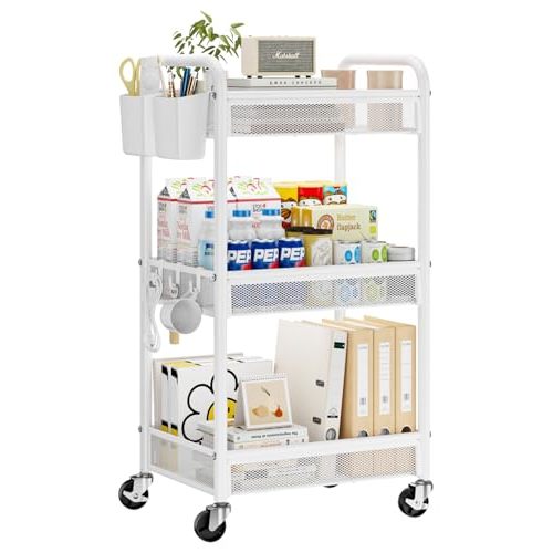 YASONIC 3 Tier Rolling Cart – Metal Utility Storage Cart with Wheels, Craft Carts Organizer with Hanging Cups, Hooks, Mesh Basket for Bedside Kitchen Office Art, White