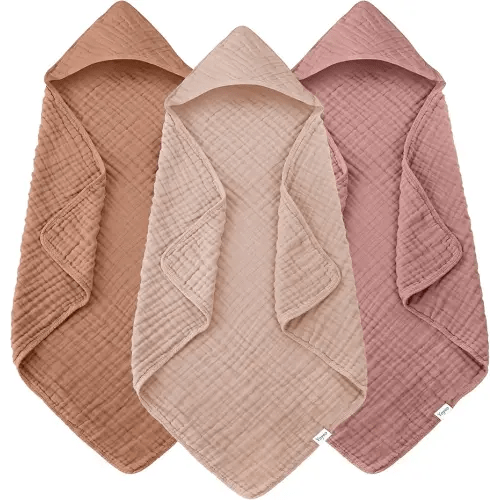 Muslin Hooded Baby Bath Towels - 3 Pack 100% Cotton Ultra-Soft Towels for Newborns, Infants, Toddlers - 32x32 Inch - Highly Absorbent, Quick-Dry Essentials for Bath, Beach, Pool, Bean Paste Series