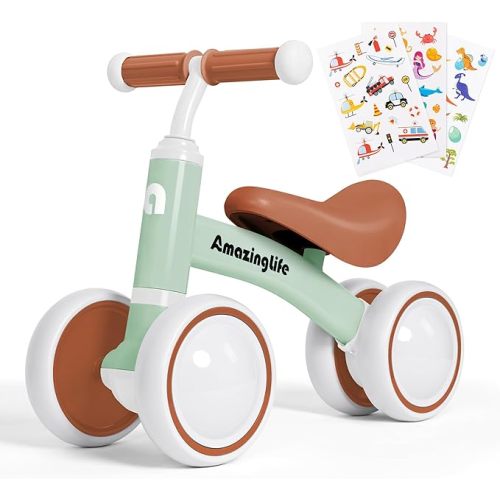 Balance Bike 1 Year Old, 10-24 Months Baby Balance Bike Toys, No Pedal Infant 4 Wheels Toddler Bike, Toddler Ride On Toys, Three Free Cartoon Stickers, First Birthday Gift for Boys Girls - Light Green