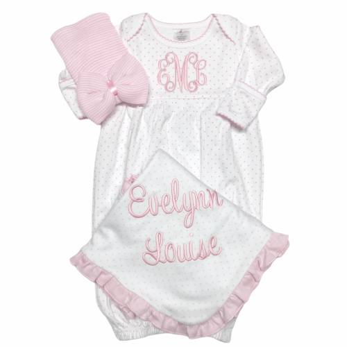 Baby girl coming home outfit,Monogrammed gown,Personalized Baby gift,Monogrammed sleeper,pima cotton, newborn pictures, shower gift,pink dot