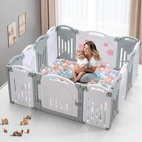 Baby Playpen, Uanlauo Safety Play Yard, Easy Assemble Play Pens for Babies and Toddlers, Sturdy Baby Gate Playpen, Toddler Playpen, Portable Indoor Outdoor Use, Foldable Baby Playpen (14 Panel, Grey)