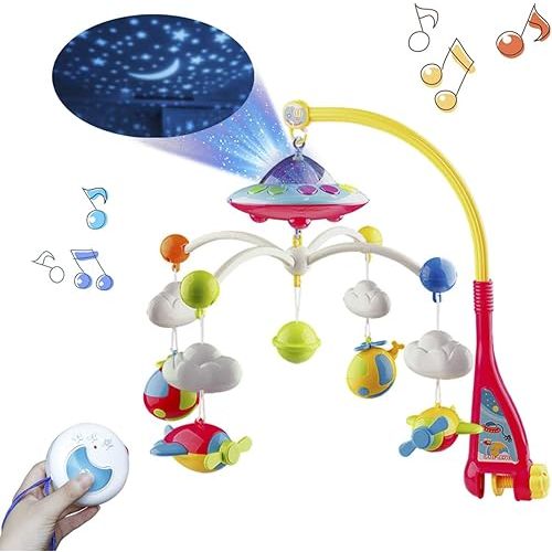Mini Tudou Musical Baby Crib Mobile Toy with Lights and Music, Star Projector Function and Cartoon Rattles, Remote Control Musical Box with 108 Melodies, Toy for Newborn Sleep