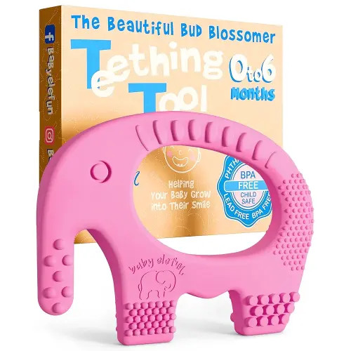 Cute Valentines Day Baby Gift - Baby Elefun Teething Toys for Babies Age 0 to 6 Months - 5X Pain Relief Smart Teether, Zero Developmental Delay Pink Silicone Teething Toy for Infants and Baby Shower
