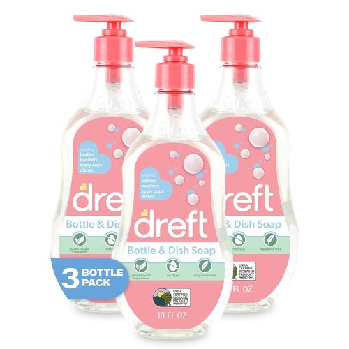 DREFT Bottle and Dish Soap | Made to Clean Baby Bottles, Sippy Cups, Pacifiers, Breast Pumps, & More | Gently Removes Milk Film & Odors | Plant Based, Fragrance Free Dish Soap | 18 Fl Oz (Pack of 3)