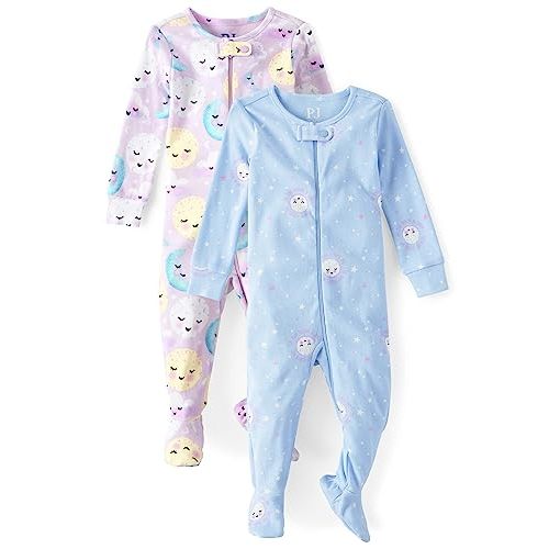 The Children's Place Baby Girls' and Toddler Snug Fit 100% Cotton Zip-Front One Piece Footed Pajamas 2-Pack