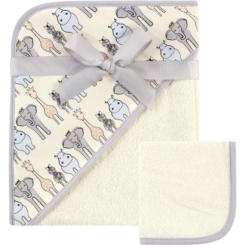 Hudson Baby Unisex Baby Cotton Hooded Towel and Washcloth, Royal Safari, One Size