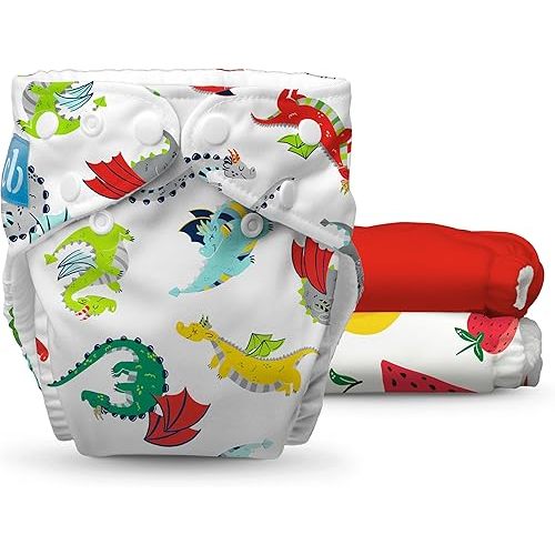 Charlie Banana Cloth Diapers, Reusable, Washable, Adjustable One Size Diaper, for Babies and Toddlers, with Absorbent Inserts - Dragon Feast, 3 Pack