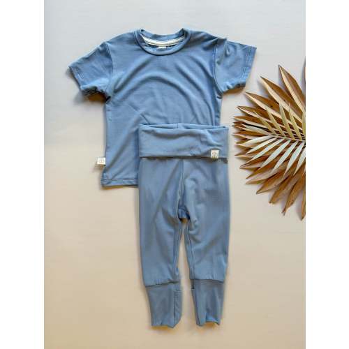 Fold Over Leggings and Short Sleeve Tee Set | Dusty Blue | Luxury Bamboo