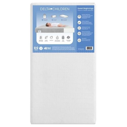 Delta Children Sweet Beginnings Dual Sided Baby Crib Mattress and Toddler Mattress, GREENGUARD Gold and CertiPUR-US Certified, Firm Plant-Based Foam, Waterproof, 5 Year Warranty, Made in USA, White