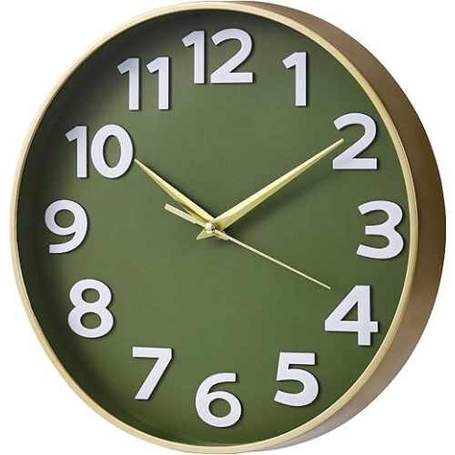 Wall Clock Battery Operated 12in Olive Green, Silent Non Ticking, Simple Style, Decorative Modern Wall Clocks for Living Room Bedroom Kitchen Office