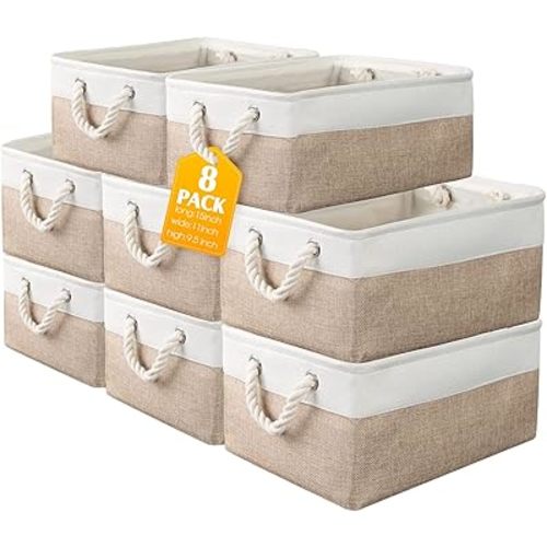 meekoo 8 Pack Collapsible Storage Bins Fabric Storage Bins Polyester Fabric Baskets with Handles Linen Closet Organizer for Shelf Home Closet Towels Toys(15 x 11 x 9.5 in,Beige)