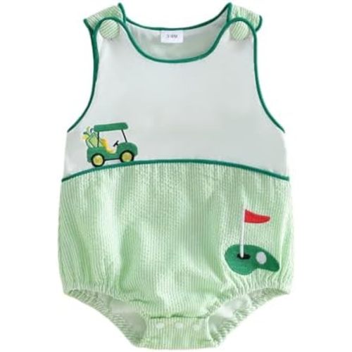 mlpeerw Baby Boy Girl Golf Outfit Newborn Sleeveless Golf Cart Embroidery Bubble Romper Overalls Masters Golf Summer Outfits (Golf Themed Embroidery Green, 6-12 Months)