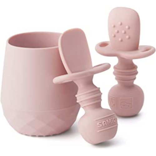 SAMiGO Silicone Baby Utensils - Self Feeding Spoons and Tiny Training Cup - First Stage Baby Led Weaning Supplies for 6 Months+ Infants - Set of 3