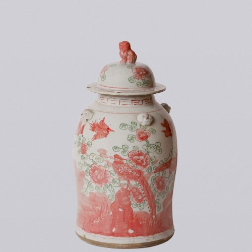PINK AND GREEN BIRD AND FLOWER PORCELAIN TEMPLE JAR (C720) — COBALT GUILD