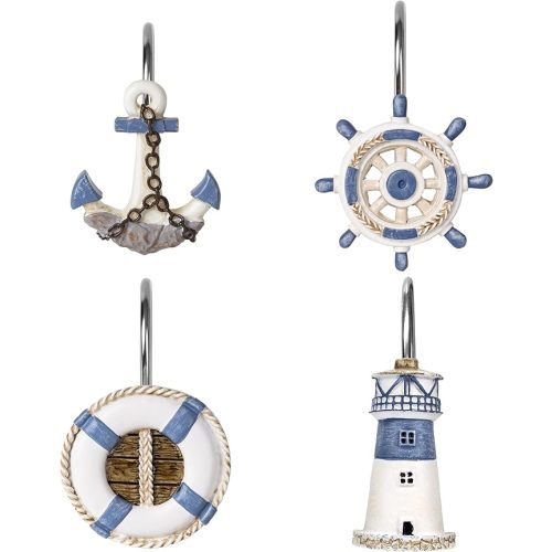 Sunlit Nautical Shower Curtain Hooks, Home Decorative Coastal Shower Curtain Rings for Bathroom, Resin, Ocean Shower Curtain Hanger Hooks for Living Room, Set of 12, Blue Nautical Set