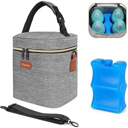 Mancro Insulated Breastmilk Cooler Bag Fits 4 Baby Bottles Up to 9 Ounce,Compact Baby Bottle Travel Bag with Ice Pack for Nursing Mom, Grey