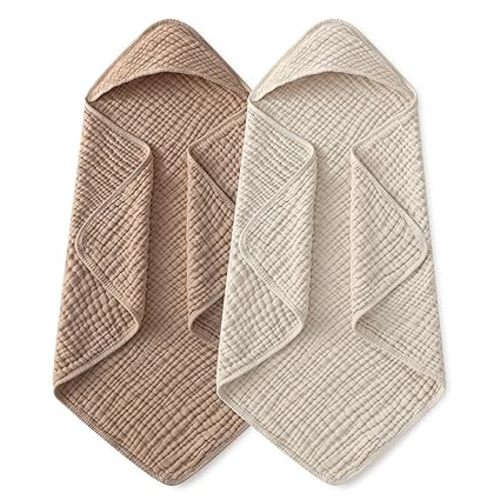 Yoofoss Hooded Baby Towels for Newborn 2 Pack 100% Muslin Organic Cotton Baby Bath Towel with Hood for Babies, Infant, Toddler and Kids, 32x32Inch, Soft and Absorbent Newborn Essential,Apricot&Green