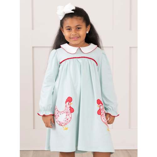 6-12 months Light Blue Embroidered Chickens Ruffle Dress