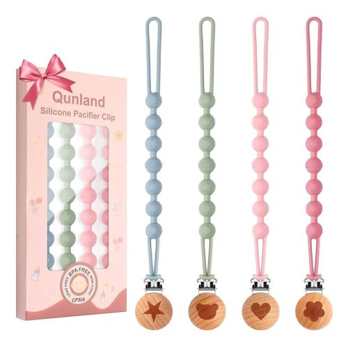 Silicone Pacifier Clip Holder for Baby Girls and Boys, 4-Pack One-Piece Soft Flexible Binky Clips Holder with Cute Texture, Newborn Baby Essentials for Teething Relief, Gifts for Xmas Baby Shower