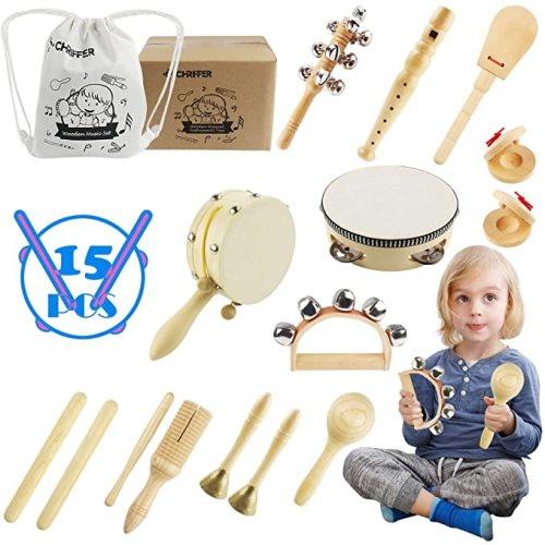 Wooden Musical Instruments Toys for Toddlers and Kids, Eco-Friendly Music Set Natural Wood Percussion Instruments Set with Storage Bag