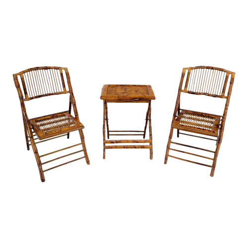 Burnt Bamboo Vintage Folding Cafe Occasional Table w/ Two Matching Chairs Set - 3 Pieces