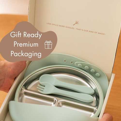 Baby Feeding Essential Set Sage Green, Stainless Steel Suction Plate, Baby Blue Weaning Kit for 6–18 Months, Baby Shower Birthday Gift