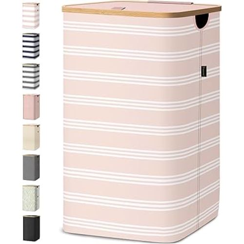 BALEINE Laundry Hamper with Lid, Tall Laundry Baskets with Bamboo Pull Handles, Large Laundry Bin with Internal Support (26 Gal/100L, Pink Pinstripe)