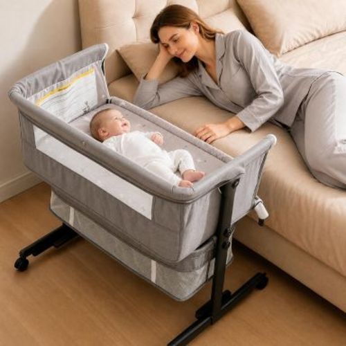 Kmaier Baby Bassinet 3 in 1 Foldable Portable Crib,6 Adjustable Height,with Wheels,Baby Bassinet Rocking-Grey