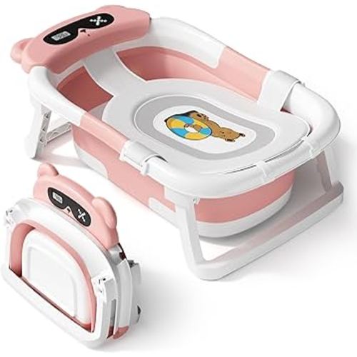 AVIDOR Baby Bathtub,Collapsible Bathtub for Newborn to Toddler,Durable Essential Infant Bath Tub,Portable Travel Baby Tub with Soft Cushion,No-Slip Hanging and Detachable(Pink)