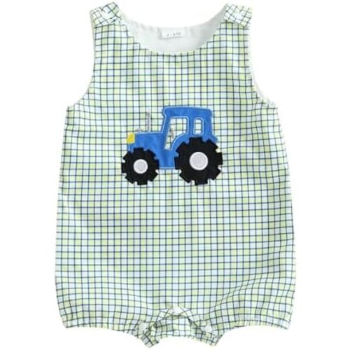 Summer Outfit Newborn Baby Boy Sleeveless Tractor Embroidery Plaid Tank Romper Jumpsuit Overalls One Piece Clothes