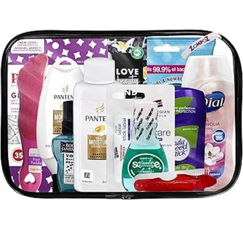 Valentine's Day Womens Travel Toiletry Kit, 10 Travel-Size Hygiene Essentials for Bath, Shaving, Personal Care in TSA-Compliant Transparent Bag, Mini Toiletries Kit for Business, Charity, Womens Gift